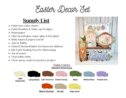 Create festive Easter crafts with pastel paints and tools from Janet's Craft Corner's Easter Decor Set – DIY seasonal home decor kit (Choice of 5). Two wooden displays show bunnies, eggs, and "Easter" in soft pastel shades.