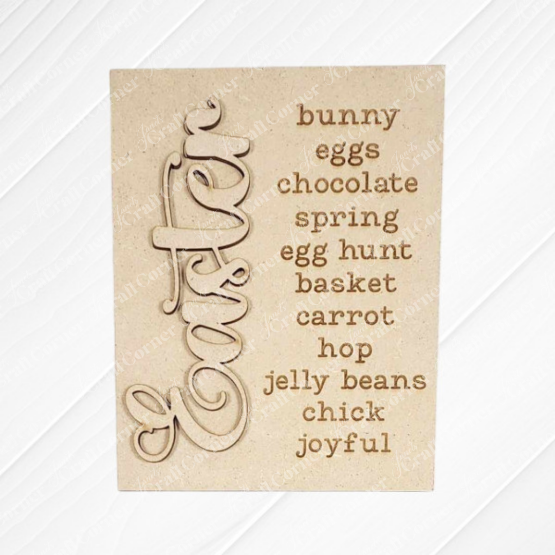 The Easter Words Farmhouse Sign by Janet's Craft Corner features a beige card with "Easter" in large script on the left and a list of words like bunny, eggs, chocolate, spring, egg hunt, basket on the right. Ideal for DIY decor or craft kits with wood signs reading "carrot", "hop", and more.