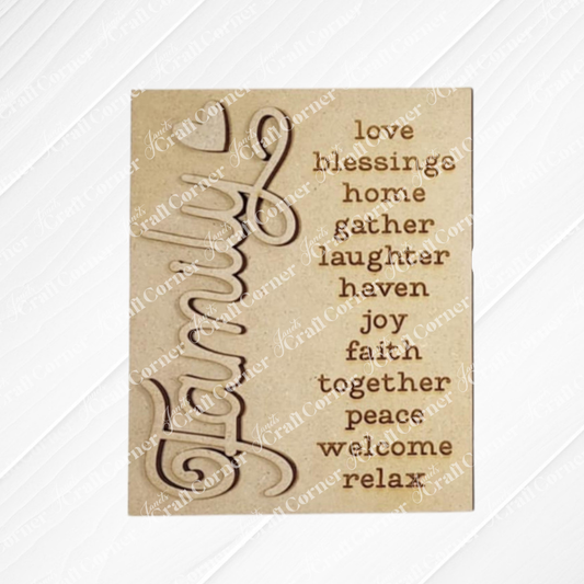 The Family Words Farmhouse Sign from Janet's Craft Corner features "Family" in large script on the left, with words like love, blessings, and joy listed vertically on the right. This personalized plaque adds warmth to any room, perfect for those who cherish gatherings filled with laughter and peace.