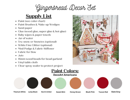 Explore the Gingerbread Decor Set from Janet's Craft Corner—a 5-piece DIY home decor craft kit featuring hand-painted designs. Complete with a supply list and color chart, this set includes essentials such as paint and paper towels to transform your gingerbread-themed projects—houses, cabins, trees—into stunning creations with colors like Blush Pink and Honey Brown.