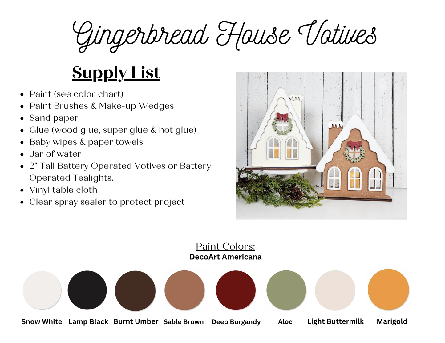 A crafting supply list for Janet's Craft Corner's Victorian Gingerbread House Votive Holder DIY kit features two decorated votive holders, color swatches below, and all required materials itemized on the left.