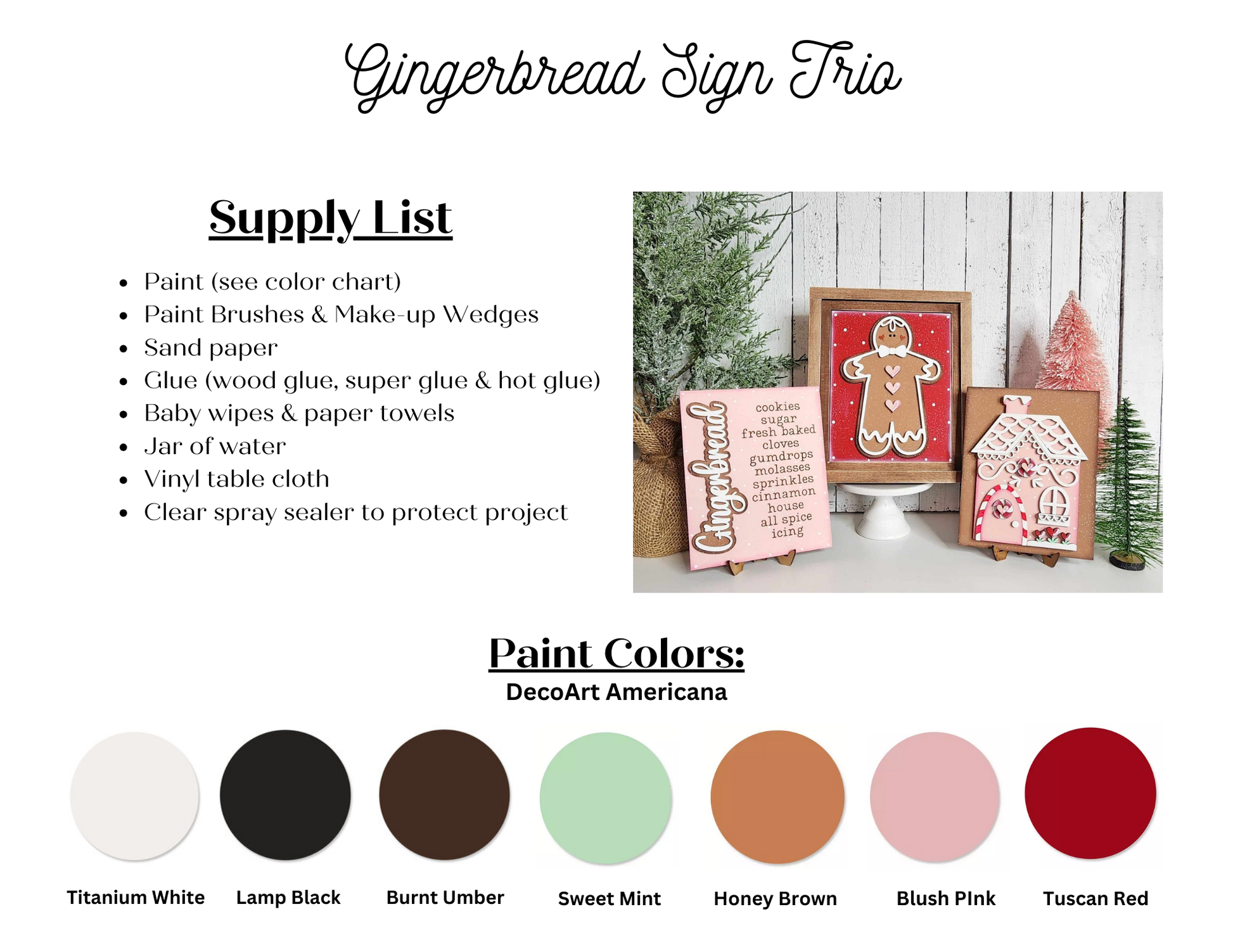 The Gingerbread House Interchangeable Sign DIY home decor craft kit from Janet's Craft Corner features a delightful set of three interchangeable signs. The accompanying image presents various paint color swatches and a comprehensive supply list, which includes key items such as paint, brushes, and glue. It's an ideal kit for crafting unique, festive home decor that offers both fun and versatility!