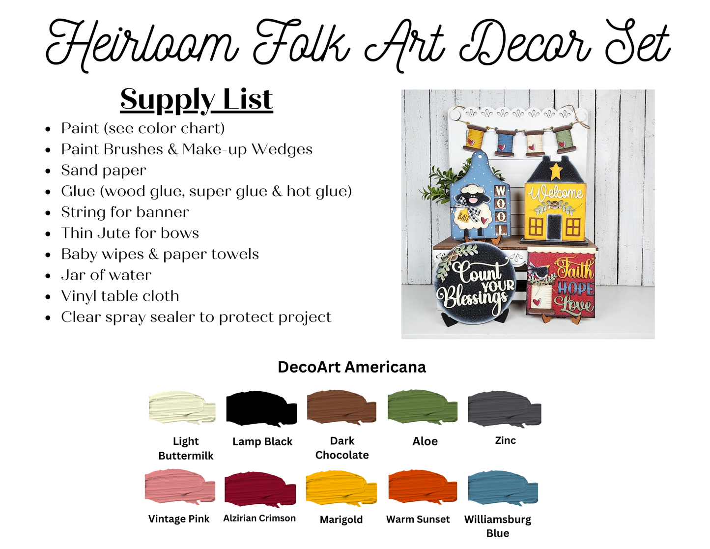 Image shows Janet's Craft Corner "Heirloom Decor Set" DIY kit supply list, featuring painted wood cut-outs and signs. Kit includes paints, brushes, glue, string, paper, vinyl, and sealer. DecoArt Americana swatches are shown below.