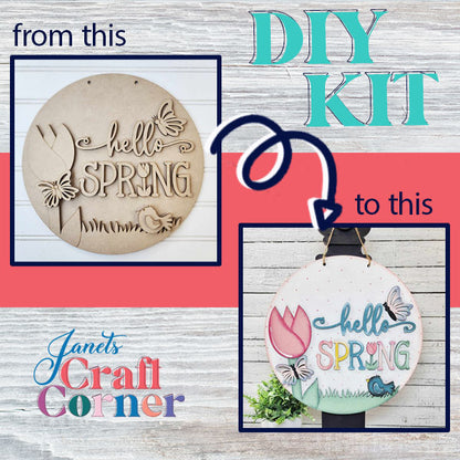 Experience the DIY transformation with the Hello Spring Round Door Hanger from Janet's Craft Corner. On the left, see an unfinished wooden door hanger featuring "hello SPRING" text and floral designs. The right side reveals its complete, painted version in vibrant colors, linked by an arrow that highlights this creative home decor journey.