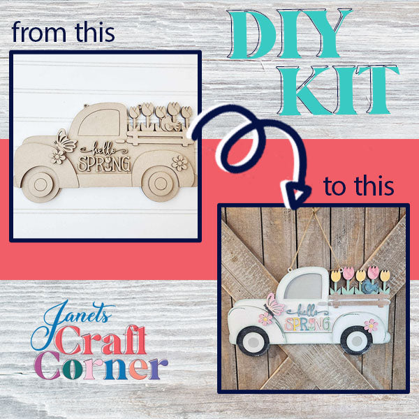 Discover the Hello Spring Truck Sign DIY Kit from Janet's Craft Corner: Unleash your creativity with this wooden cutout of a vintage truck, ideal for spring home decor. Transform it from plain wood into a striking "Hello Spring" sign featuring painted flowers, adding seasonal flair to your space.