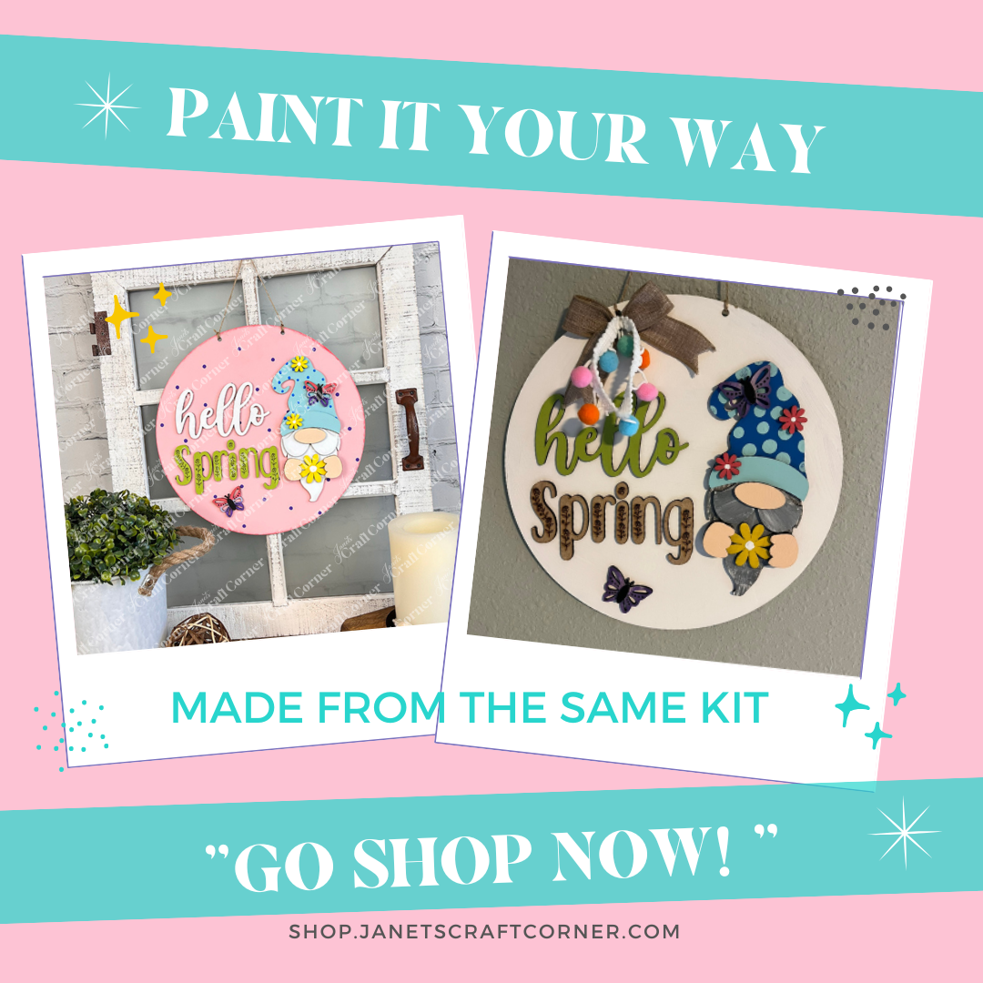 The Hello Spring Gnome Door Hanger from Janet's Craft Corner showcases a DIY seasonal décor craft kit with "Hello Spring" designs featuring flowers, mushrooms, and butterflies. The phrase "Paint it Your Way" appears above, while the bottom text invites you to shop now.