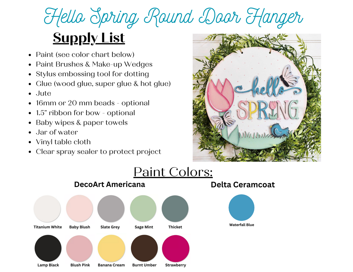 A vibrant poster for Janet's Craft Corner's "Hello Spring Round Door Hanger" DIY kit showcases a detailed supply list, including DecoArt Americana and Delta Ceramcoat colors, ribbon sizes, and essential materials. It features a floral and butterfly design ideal for home décor enthusiasts.