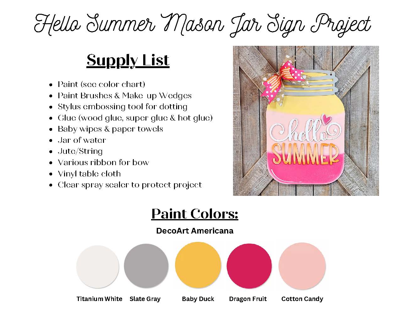 Showcasing Janet's Craft Corner's "Hello Summer Mason Jar Door Hanger," this DIY home décor kit includes paint, brushes, stylus, glue, water, baby wipes, ribbons, and clear spray. Paint colors: Titanium White, Slate Gray, Baby Duck, Dragon Fruit & Cotton Candy—ideal for craft lovers.