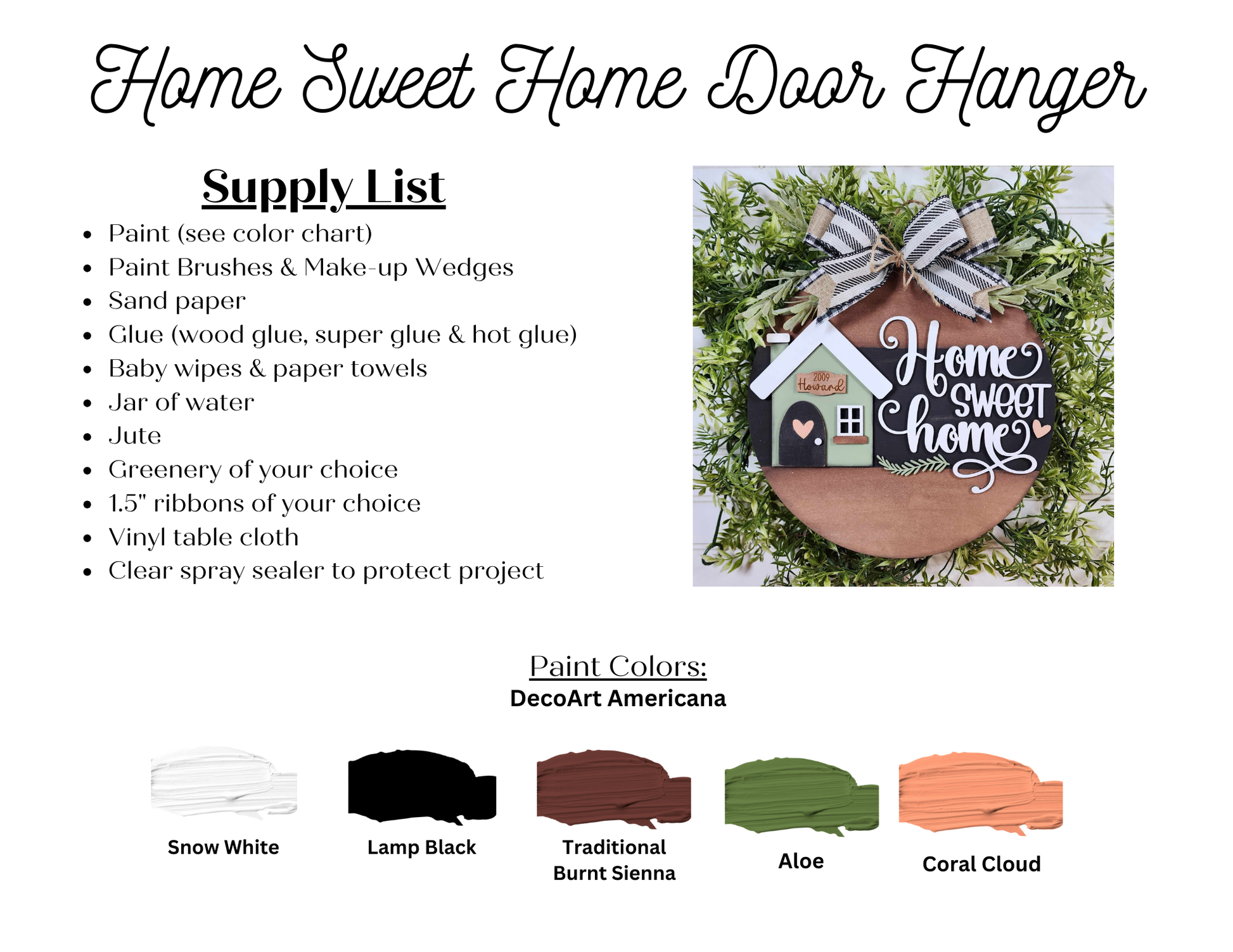 Janet's Craft Corner presents the "Home Sweet Home Door Round" DIY Craft Kit, complete with a supply list and paint colors. The kit includes hues like Snow White, Lamp Black, Traditional Burnt Sienna, Aloe, and Coral Cloud to create a hand-painted door hanger with a small house and bow.