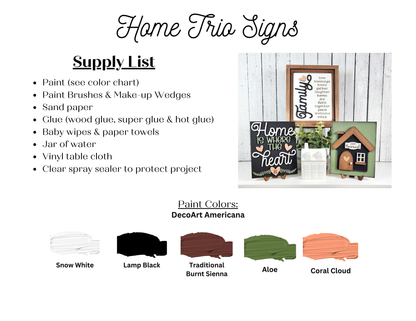 The "Family Words Farmhouse Sign" DIY kit from Janet's Craft Corner includes paint, brushes, sandpaper, glue, and more. It features interchangeable inserts and vibrant colors alongside an image of three charming signs.