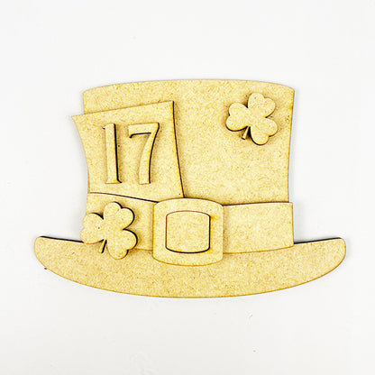 Janet's Craft Corner offers a wooden St. Patrick's Day hat cutout from their DIY seasonal home decor craft kit, featuring two shamrocks, a buckle, and the number 17. This beige piece is perfect for tiered tray displays as part of their 6-piece St Patricks Decor Set.