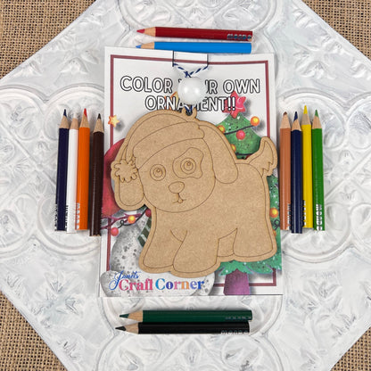 The Color Your Own Ornament DIY Decoration Kit from Janet's Craft Corner is a charming home décor craft that includes a wooden outline of a dog wearing a Santa hat and comes with colored pencils. It also features a festive coloring sheet showcasing a partially decorated Christmas tree, inviting you to personalize your ornament this holiday season.