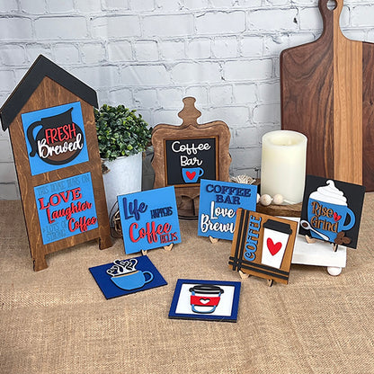 Coffee Squares by Janet's Craft Corner—cheerful, coffee-themed signs and framed art brighten small spaces with inspiring quotes; perfect DIY seasonal decor for your home tabletop, paired with candles and greenery.