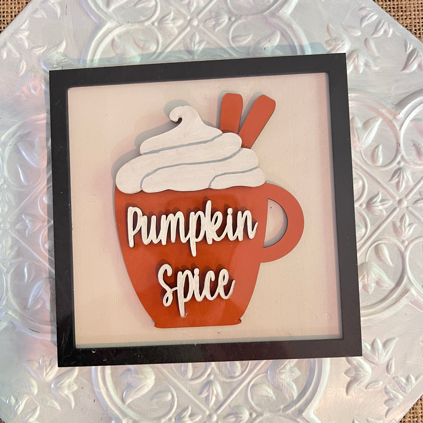 Janet's Craft Corner 6 inch square features a red mug with whipped cream, two cinnamon sticks, "Pumpkin Spice" text, and a decorative embossed silver background.