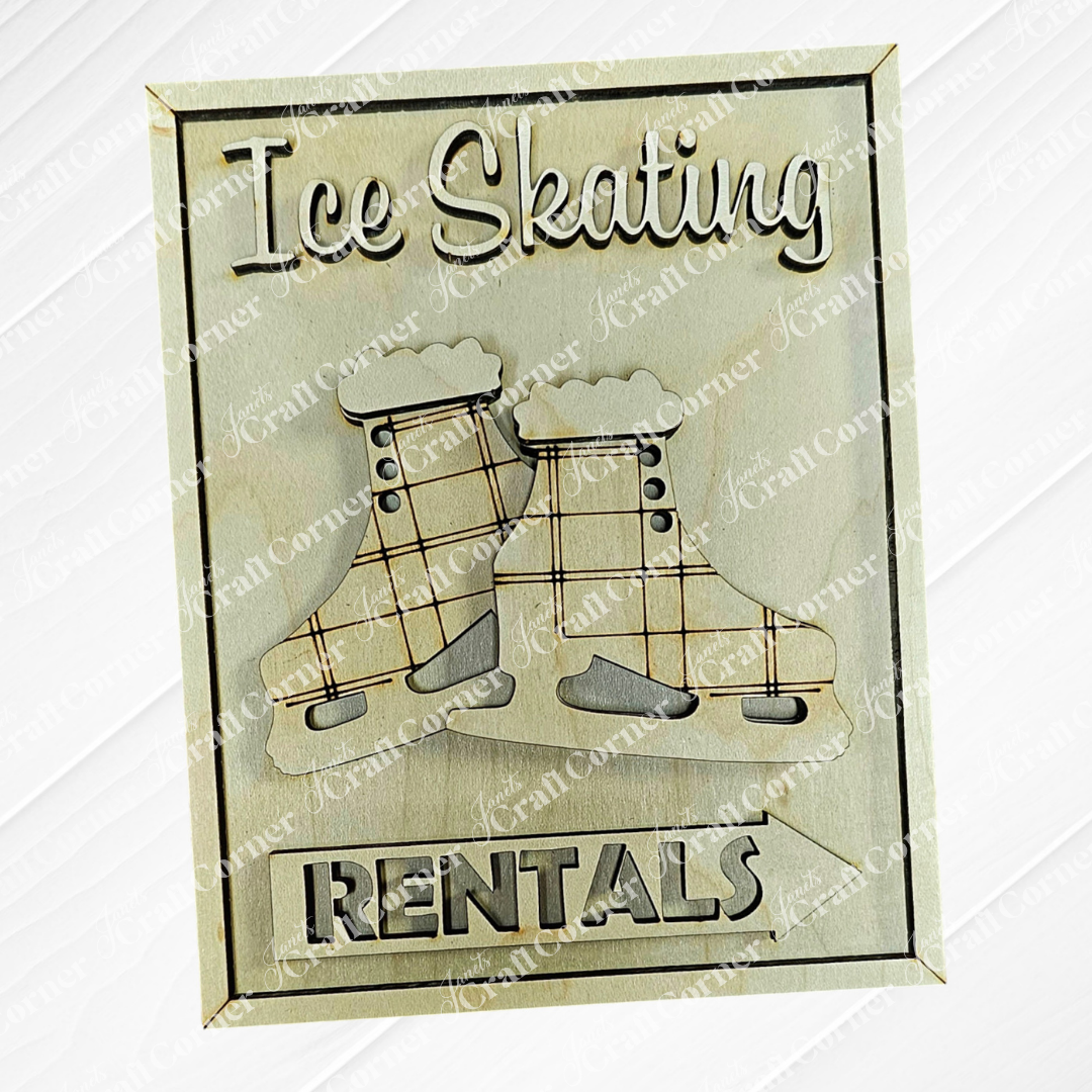 The Ice Skating Rentals Interchangeable Sign from Janet's Craft Corner is a charming wooden decor piece featuring expertly engraved ice skating boots. It's perfect for any DIY enthusiast, allowing customization for various occasions with its adaptable design.