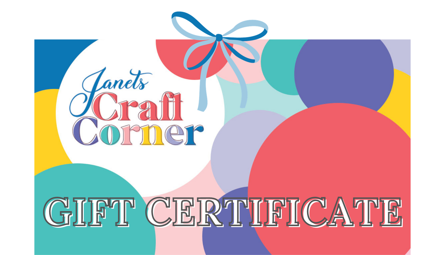 A vibrant gift certificate design showcases overlapping circles in a burst of colors, accented with a blue and red bow. The bold text displays "Janet's Craft Corner" along with "GIFT CERTIFICATE." Discover more distinctive gift cards and certificates at JanetsCraftCorner.com.