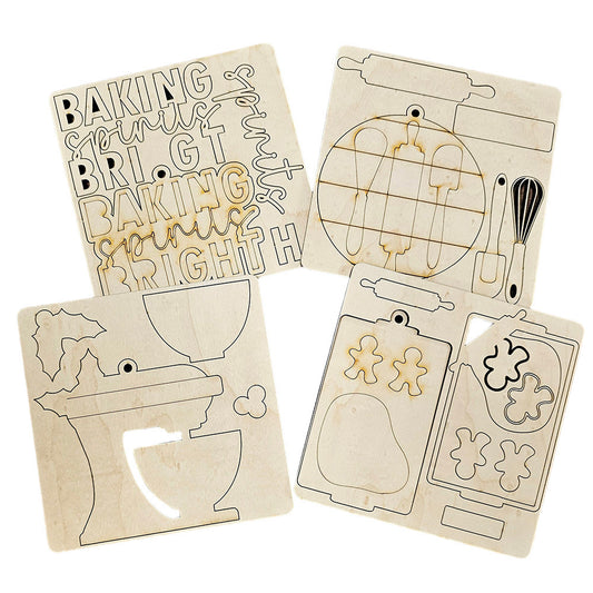 The "Baking Spirits Bright Ornaments" DIY kit by Janet's Craft Corner comes with four wooden stencil sheets featuring baking-themed designs. These patterns, which include rolling pins, a whisk, baking words, a mixer, and cookie shapes like gingerbread figures and a pear, are perfect for crafting hand-painted ornaments or distinctive holiday decor.