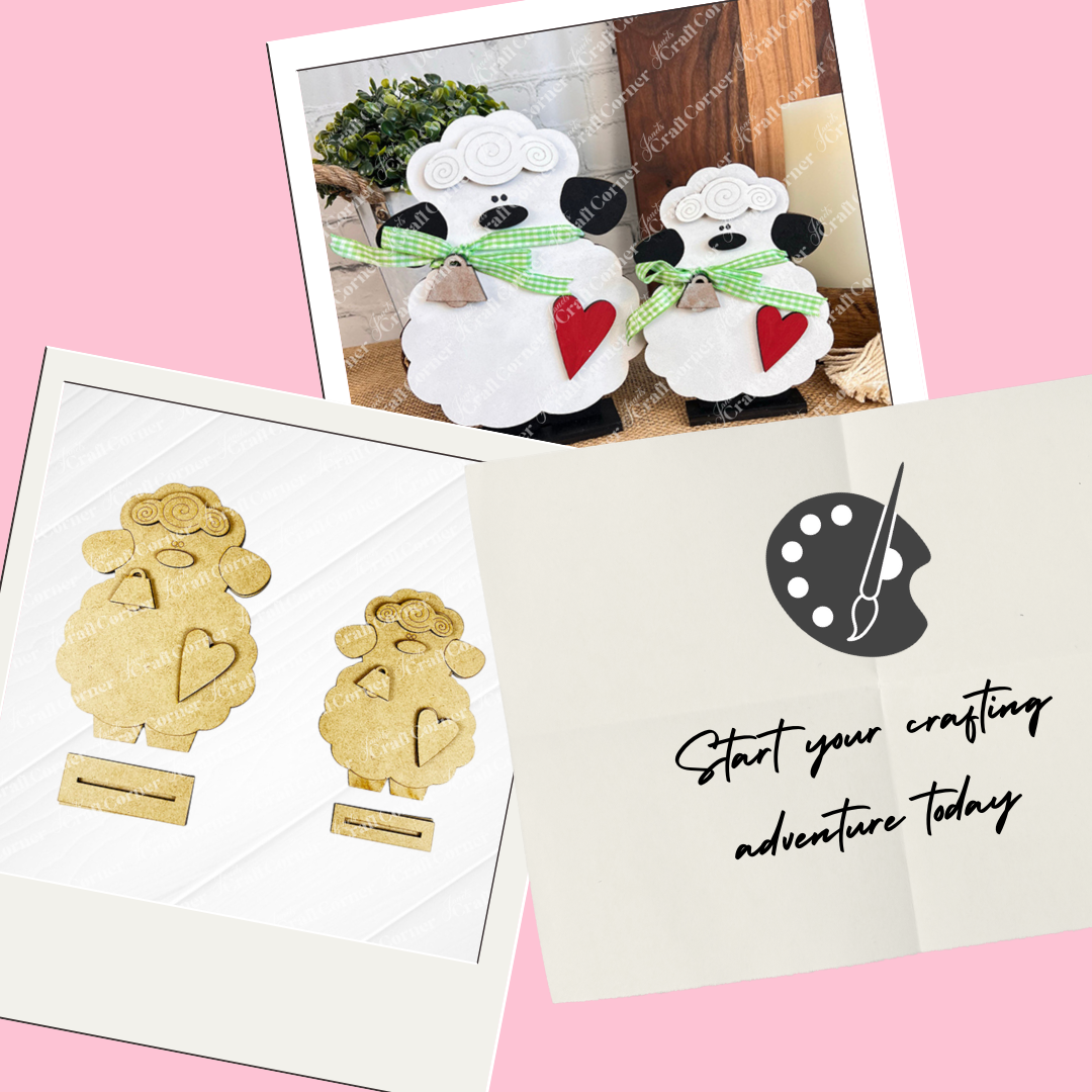 Introducing Janet's Craft Corner's Lamb Shelf Sitters DIY kit, which transforms plain wooden sheep cutouts into charming lamb figurines adorned with scarves and red hearts. The accompanying image illustrates the transformation with the text "start your crafting adventure today," making these delightful creations perfect for home décor.