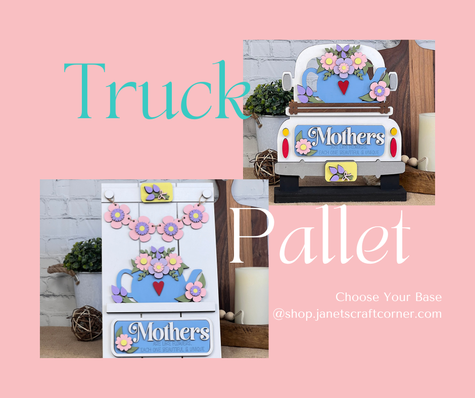 Design a charming display using two wooden décor pieces adorned with pastel flowers, a blue watering can, and the word "Mothers." Choose between the "Truck" or "Pallet" style for your DIY home decor kit. Ideal for any home décor enthusiast, visit shop.janetscraftcorner.com to explore options from Janet's Craft Corner featuring the Mothers Interchangeable Insert.