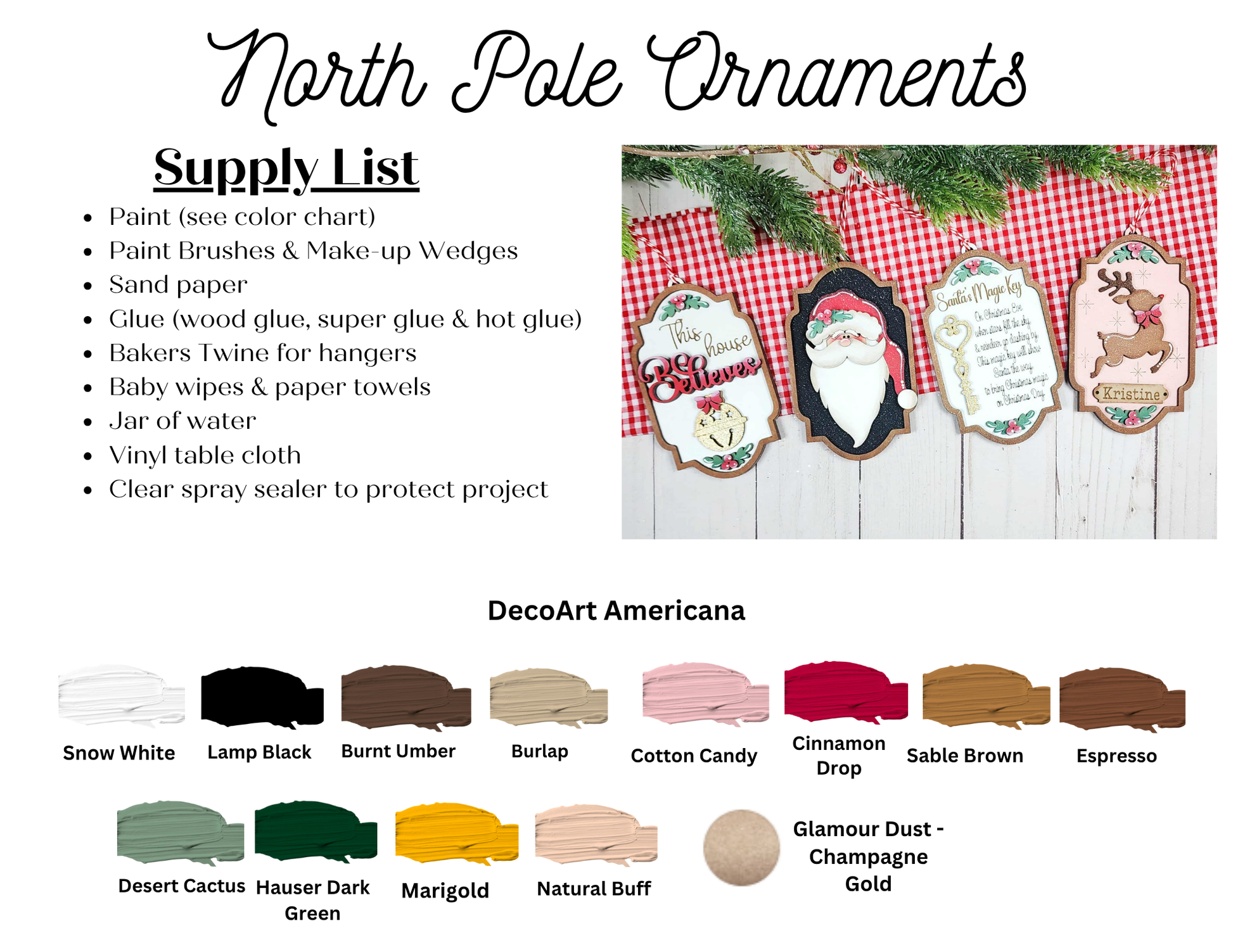 Janet's Craft Corner North Pole Ornaments DIY seasonal home decor craft kit set includes a supply list and paint color chart, plus images of four finished festive ornaments (Santa, tags, sign) on a red gingham table.