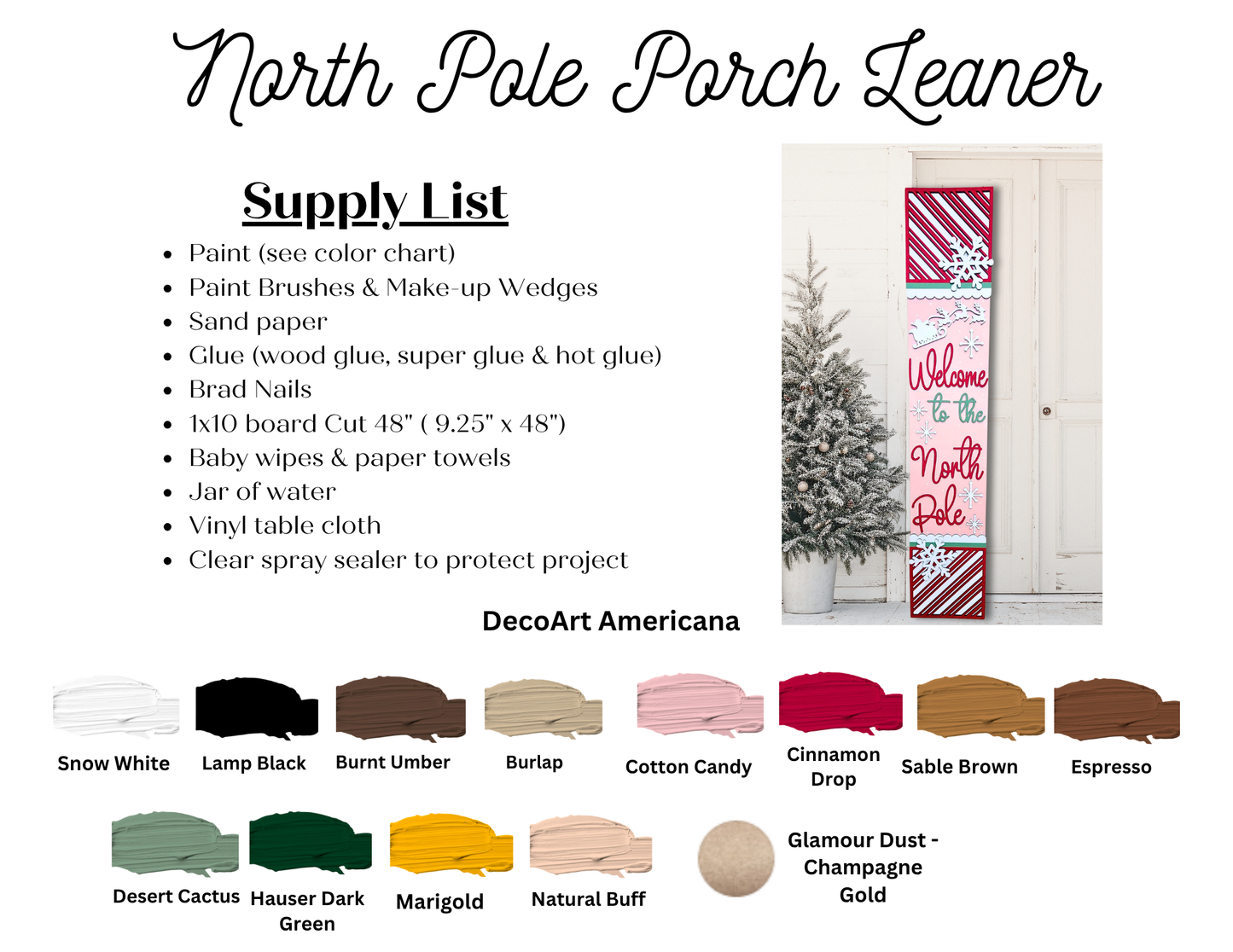 Create a North Pole Porch Leaner sign with Janet's Craft Corner DIY craft kit—includes all supplies and paint. Features festive "Welcome to the North Pole" text and snowflake designs, plus an image of the finished decoration.