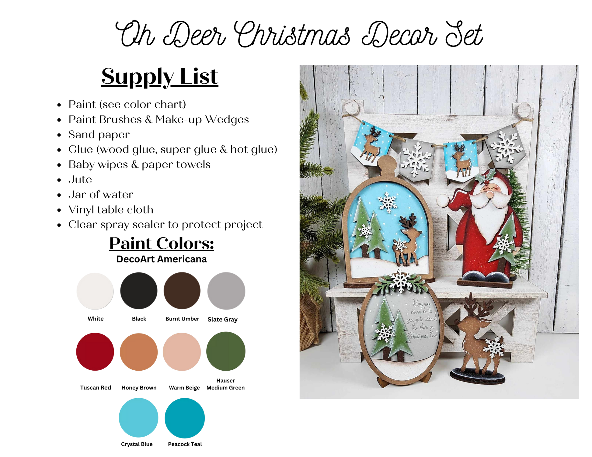 A display titled "Oh Deer Decor Set - DIY Holiday Decor Craft Kit - Set of 5 pieces" from Janet's Craft Corner features a comprehensive craft kit, equipped with paints, brushes, jute, and other materials. Highlighted are festive wooden decor items including Santa, deer, and trees—ideal for bringing personalized charm to your home décor in white, turquoise, and red tones.