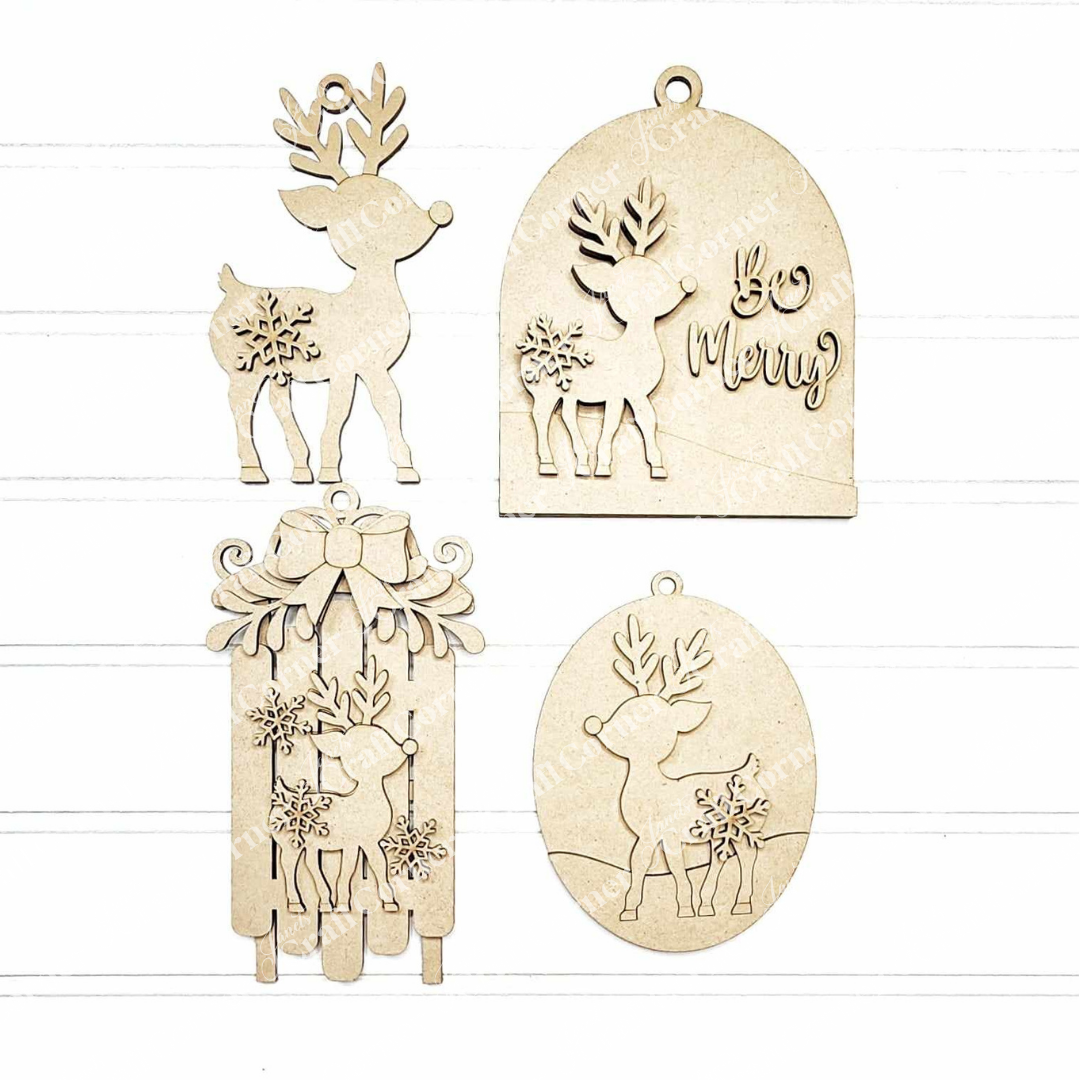 Enhance your festive season with the Oh Deer Ornament Set from Janet's Craft Corner, featuring four wooden Christmas ornaments adorned with reindeer designs. Each uniquely shaped ornament is detailed with snowflakes, bells, and the phrase "Be Merry," adding a touch of hand-painted home décor magic to any space.