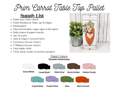 Discover the "Carrot Table Top Pallet" by Janet's Craft Corner, a charming addition to your seasonal decor. This DIY kit includes a supply list and a color chart with shades like Snow White, Burnt Umber, and Warm Sunset for its carrot-themed design.