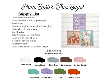 Janet's Craft Corner offers the "Easter Words Farmhouse Sign" kit, with an instructional guide featuring a supply list and paint color options. Includes a photo of pastel-themed wood signs with Easter designs like bunnies and eggs, perfect for DIY home decor enthusiasts!.