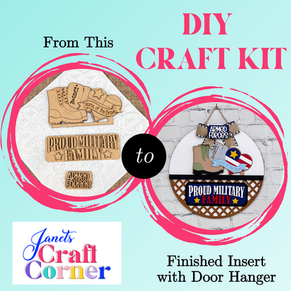 Images illustrate a DIY craft kit transformation by Janet's Craft Corner. The left shows wooden pieces, including a boot labeled "Proud Military Family." The right reveals the colorful, patriotic Military Interchangeable Insert as an assembled door hanger for versatile home decor.