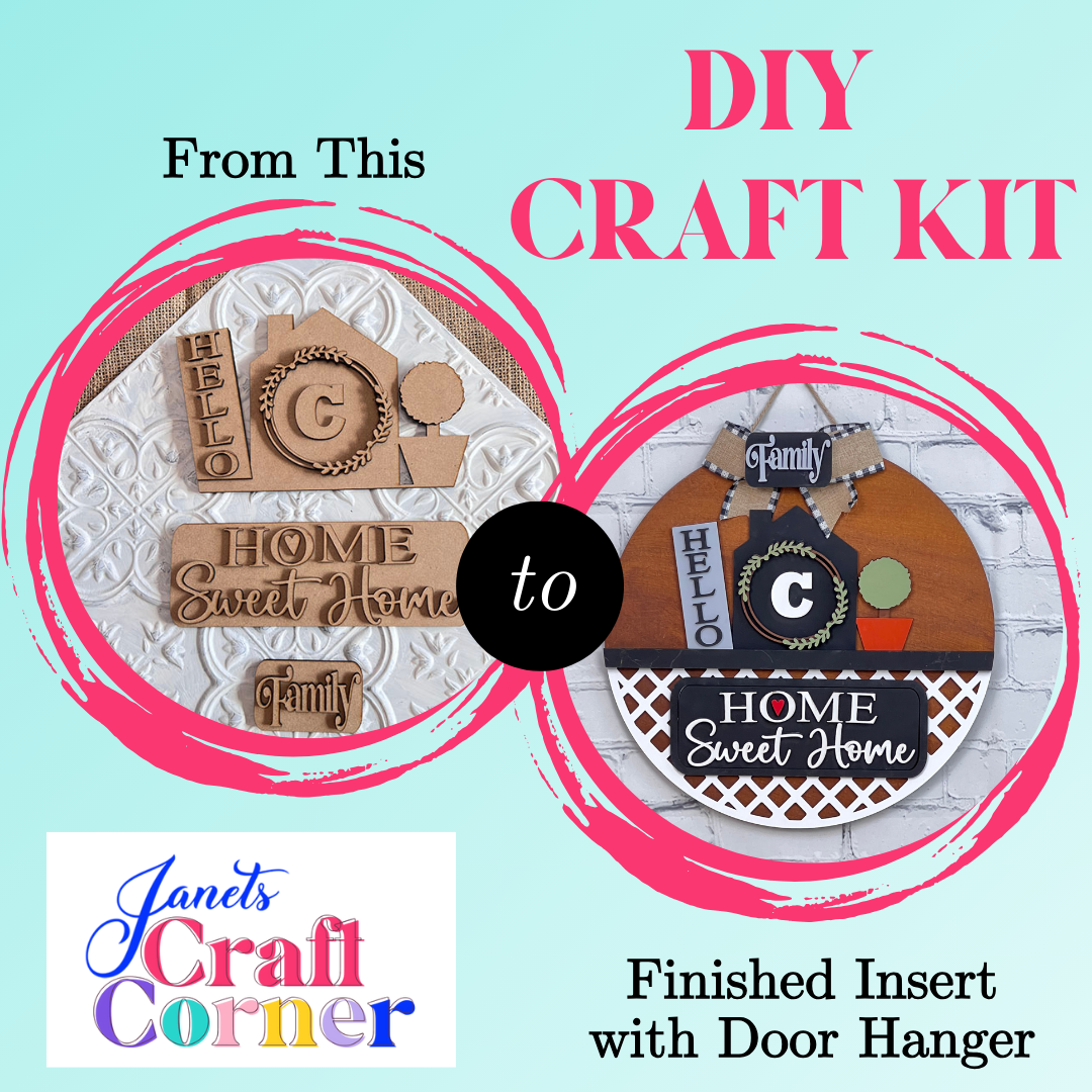 Two images show a DIY craft kit transformation. On the left is an unassembled "Home Monogram Interchangeable Insert" set, ready for painting. On the right, it becomes a home decor door hanger. Text: "From This to DIY Craft Kit by Janet's Craft Corner.