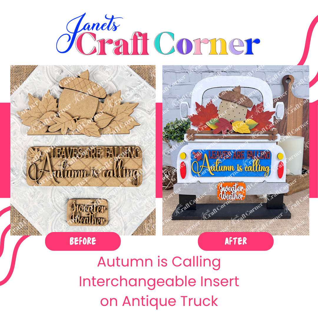 Before and after comparison of autumn-themed interchangeable insert on an antique truck by Janet's Craft Corner.