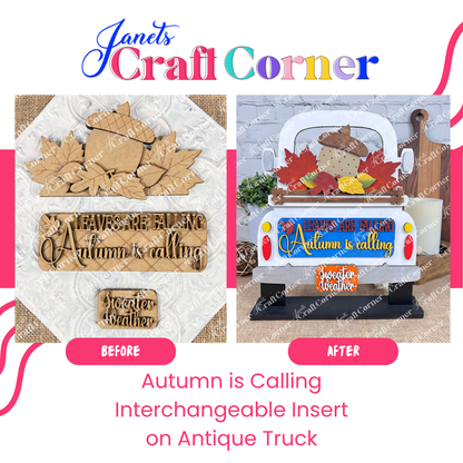 Before and after comparison of autumn-themed interchangeable insert on an antique truck by Janet's Craft Corner.