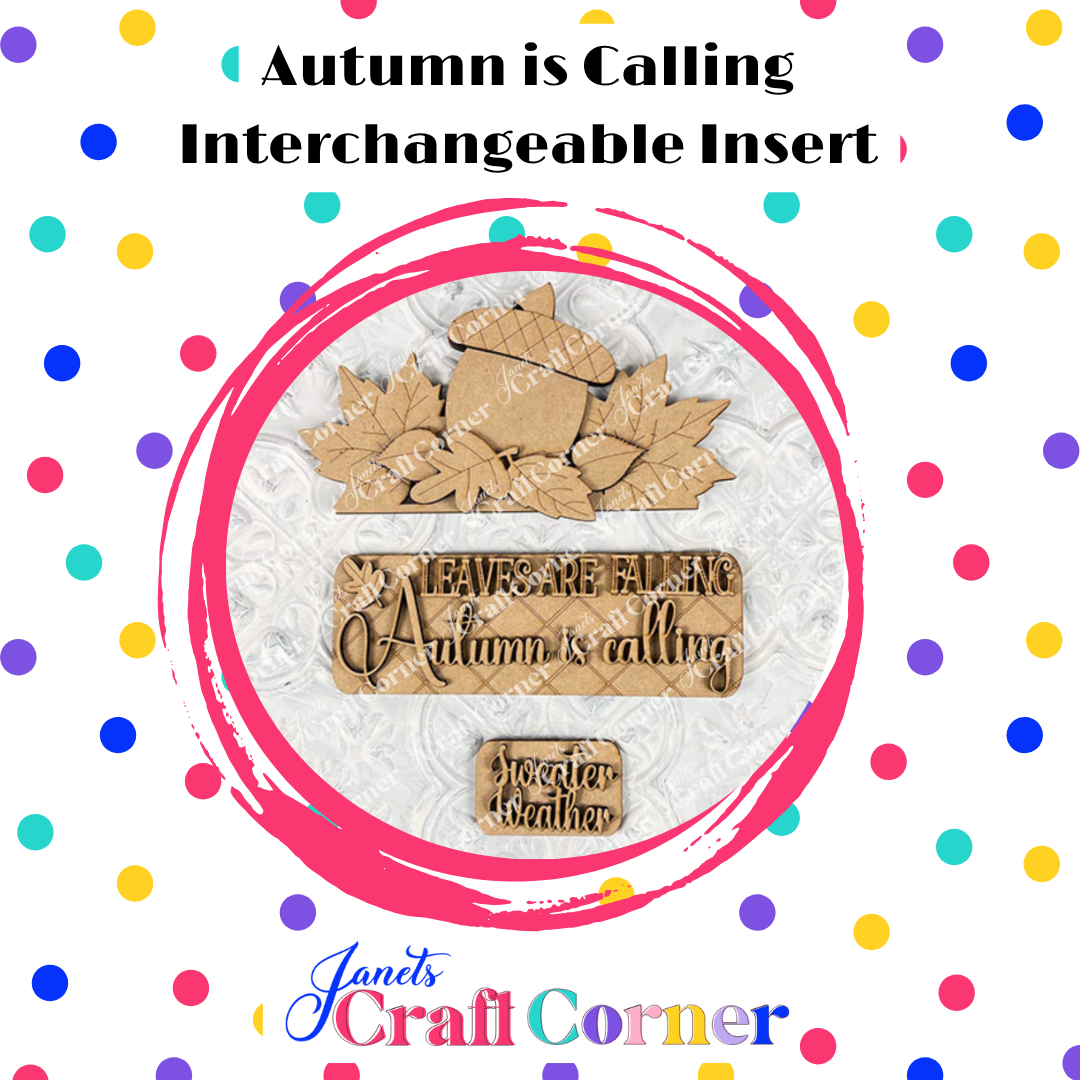 Autumn-themed interchangeable inserts with decorative text on a polka dot background, featuring 'Janet's Craft Corner'.