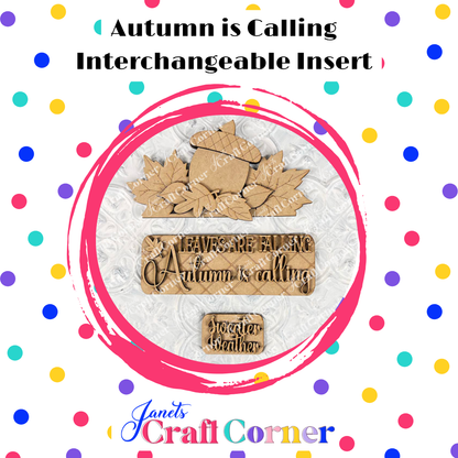 Autumn-themed interchangeable inserts with decorative text on a polka dot background, featuring 'Janet's Craft Corner'.