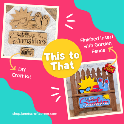 A split image showcases Janet's Craft Corner's Hello Sunshine Interchangeable Insert kit. On the left, wooden pieces display a sun and "Hello Sunshine." On the right, the completed craft pops with color including a garden fence spelling "Summer," ideal for sunny outdoor activities.