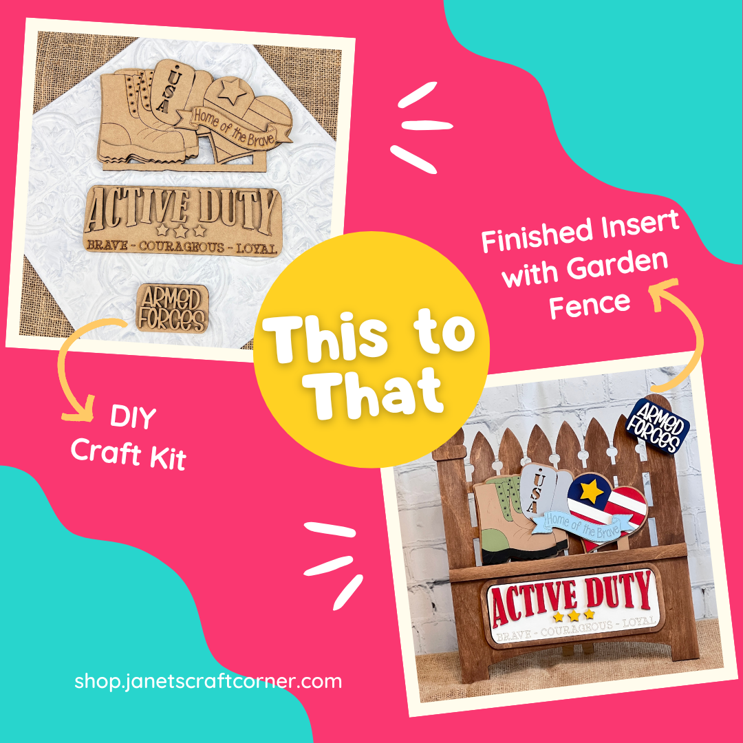 A promotional image shows Janet's Craft Corner's Military Interchangeable Insert DIY Kit. Left: unfinished military-themed pieces. Right: completed home decor on a garden fence with the text "This to That.