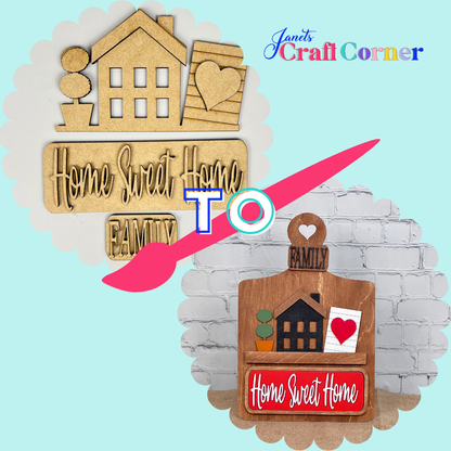 Janet's Craft Corner offers the "Home Sweet Home Interchangeable Insert" DIY home decor craft kit, featuring a vibrant makeover of a red wooden plaque with vivid colors illustrating a house, tree, and heart on a textured background. The white words shine brightly, perfect for unique home decor.