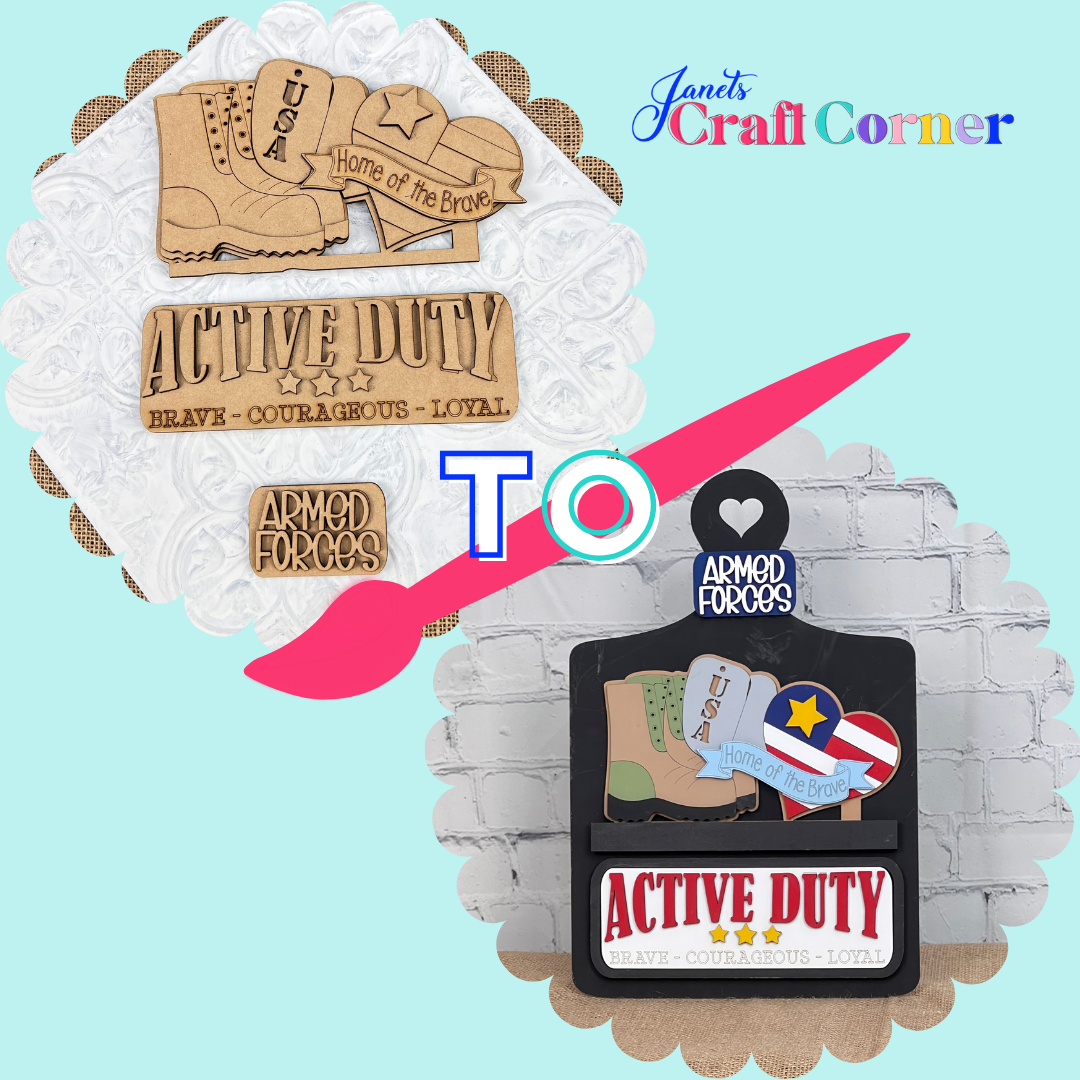 Two decorative plaques from Janet's Craft Corner feature a boot with "Active Duty: Brave - Courageous - Loyal" and a heart, star, USA, and "Armed Forces," reading "Home of the Brave." Ideal for patriotic DIY craft kits or decor. Comes as part of the Military Interchangeable Insert set.