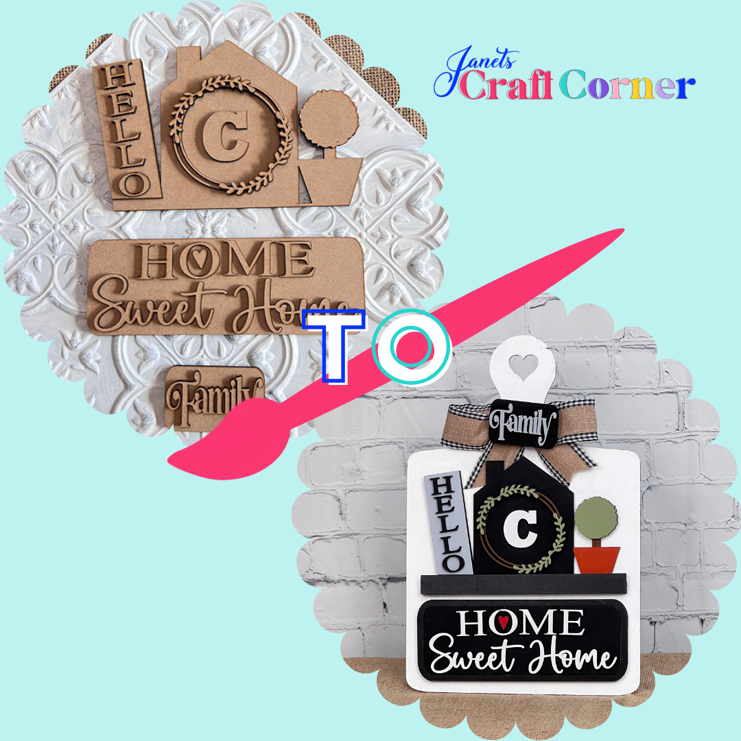 Transform your space with Janet's Craft Corner DIY kit. The top image shows a wooden "Hello C Home Sweet Home Family" cutout on a textured background, while the bottom image features lively colors, embellishments, and a brick backdrop.