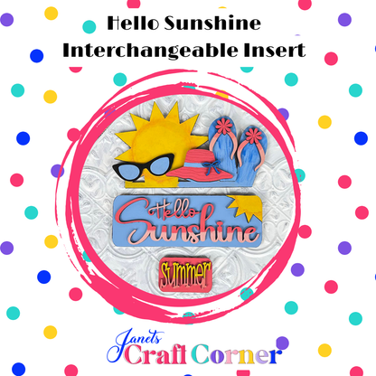 A colorful ad for the "Hello Sunshine Interchangeable Insert" - a 3-piece DIY seasonal home decor craft kit from Janet's Craft Corner, features a sun with sunglasses and flip-flops against vibrant dots on white, ideal for summer picnics or outdoor fun.