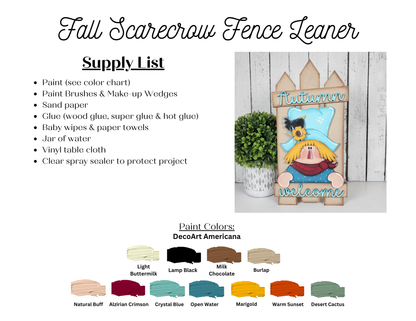 Create festive outdoor decor with Janet's Craft Corner Fall Scarecrow Fence Leaner DIY kit—set of 1. Includes supply list, DecoArt Americana paint chart, and step-by-step guide to make a painted wooden sign with scarecrow and sunflowers.