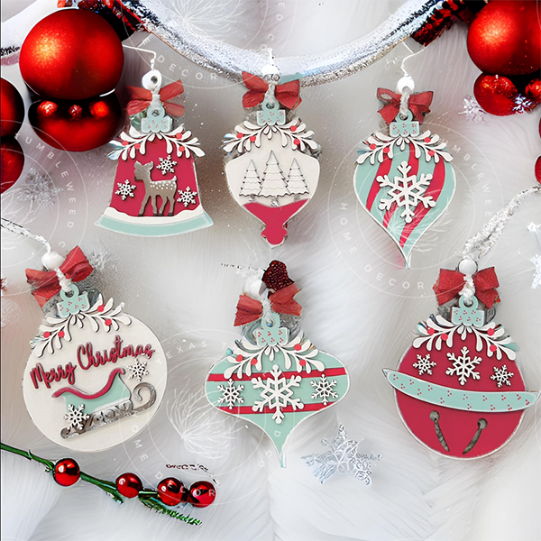 Janet's Craft Corner offers the Mistletoe Ornaments DIY Decor Kit, a set of 6 hand-painted ornaments featuring bells, baubles, and stars in red, white, and green. Adorned with snowflakes, bows, holly leaves, and festive greetings, these kits are perfect for creating personalized Christmas home décor.