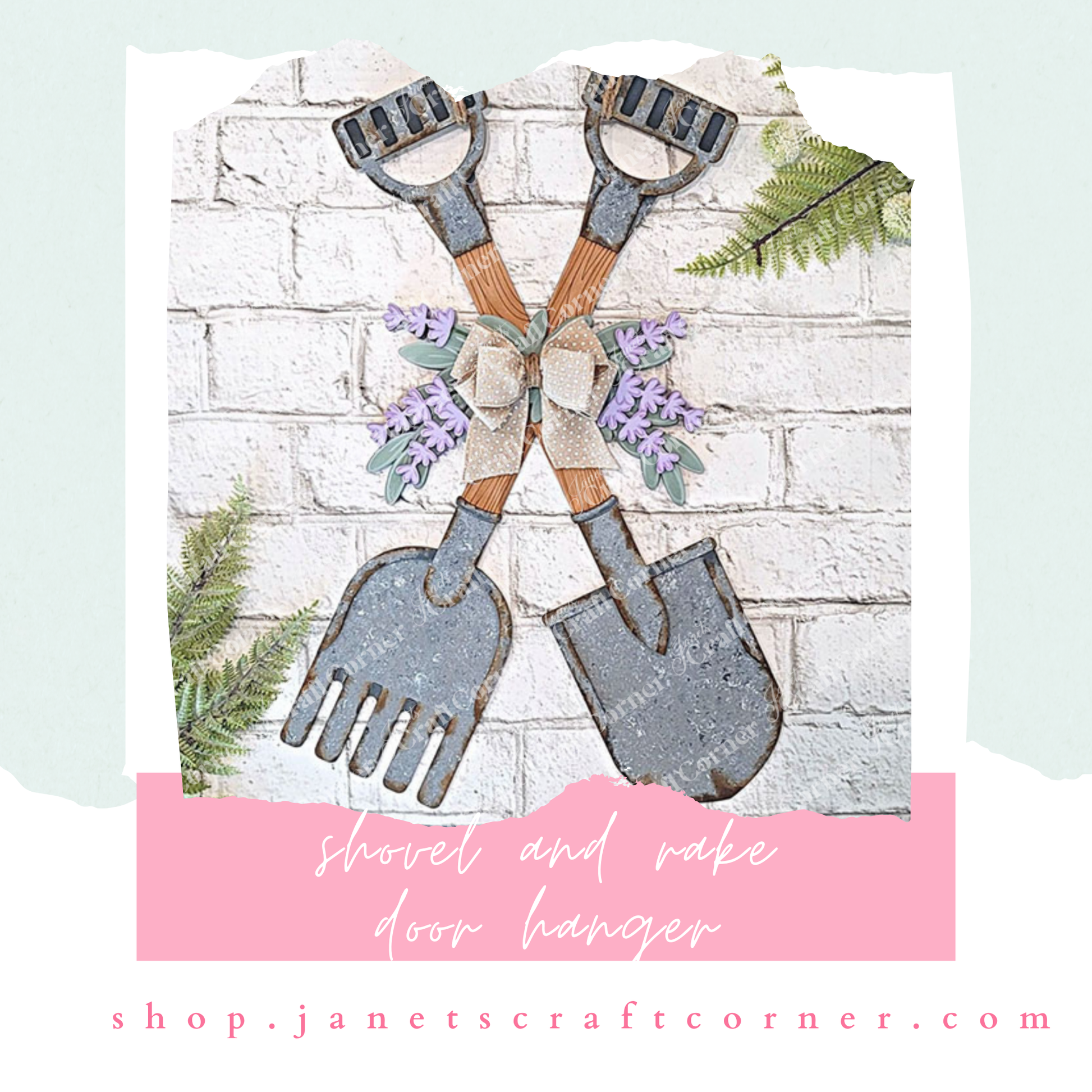 A lavender-accented wood decor with crossed shovel and rake, adorned with a bow on a white brick wall. Fern leaves surround this DIY project featuring "Shovel and Rake Door Hanger" and "NEW ON MY YOUTUBE" text next to a play button icon. Check out Janet's Craft Corner for this seasonal craft kit!.