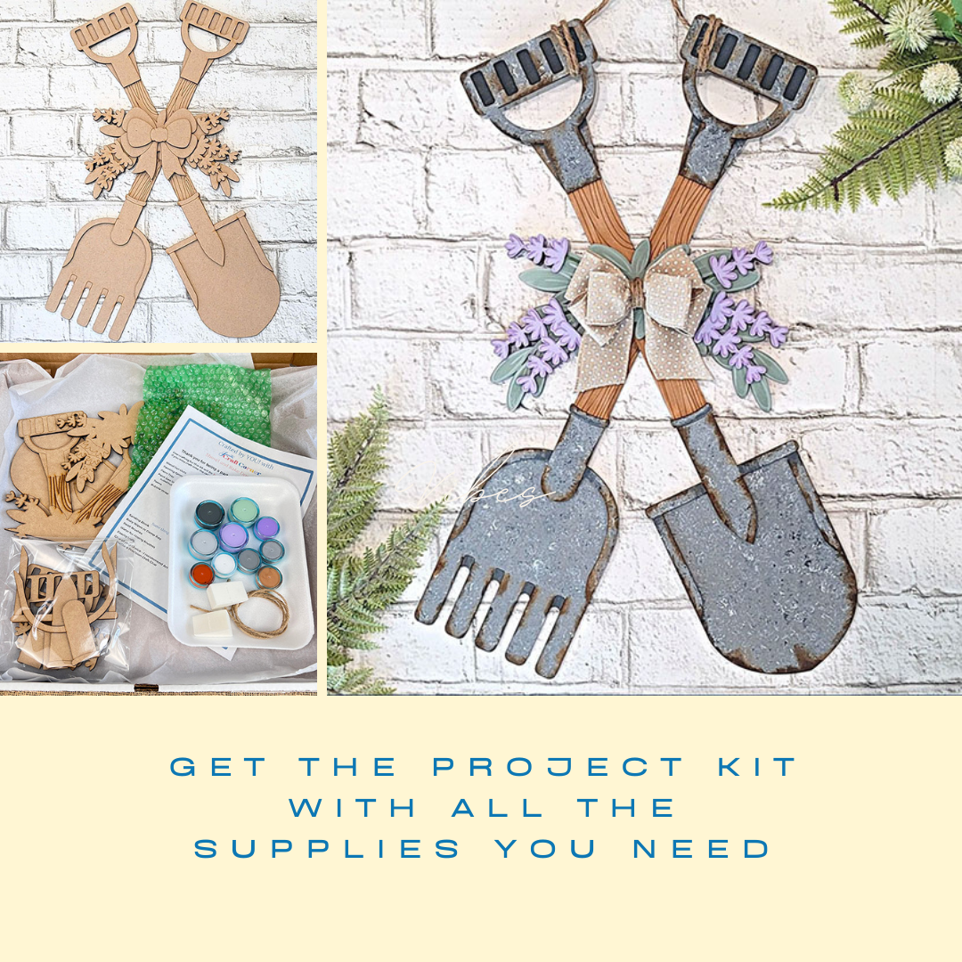 Janet's Craft Corner offers the Shovel and Rake Door Hanger, a delightful wall decoration with crossed shovels adorned with flowers and bows. The DIY kit includes wooden cutouts, paint, and brushes for you to create your unique decor piece.