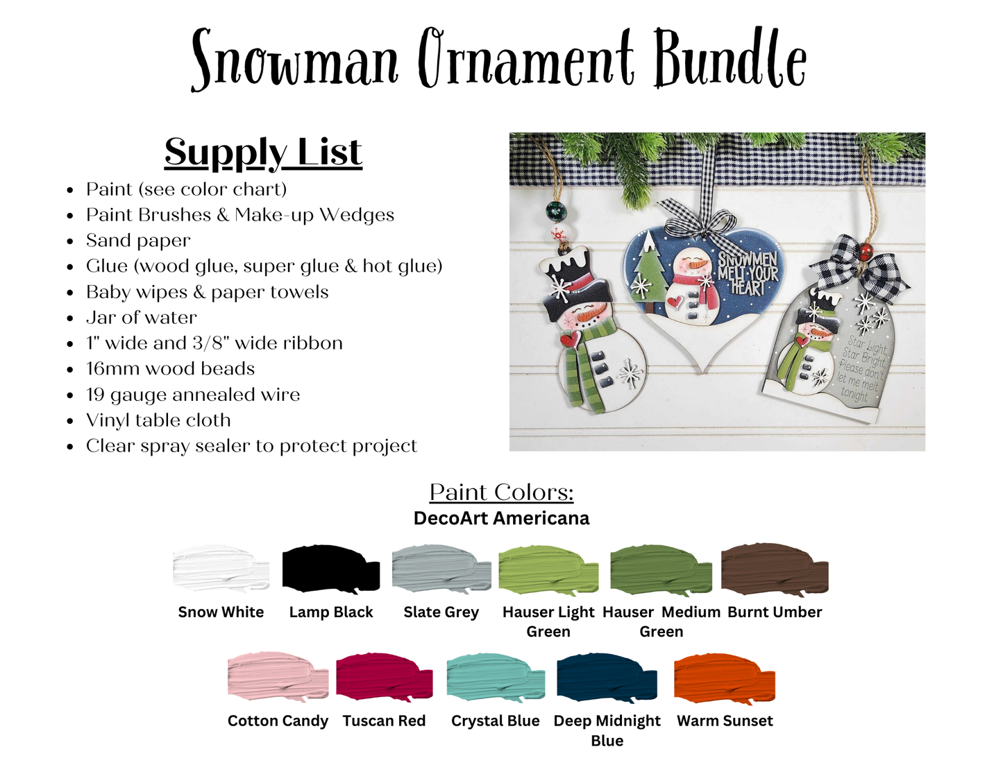 Snowman Ornaments - DIY holiday craft kit - Choice of 6