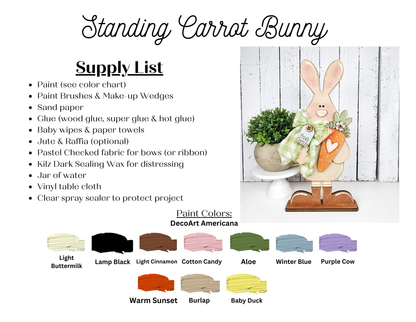 Janet's Craft Corner’s Standing Carrot Bunny Shelf Sitter DIY kit includes a supply list, color chart, and photo—everything you need to craft a ribbon-accented wooden bunny with carrot for cheerful seasonal home decor. Set of 1.