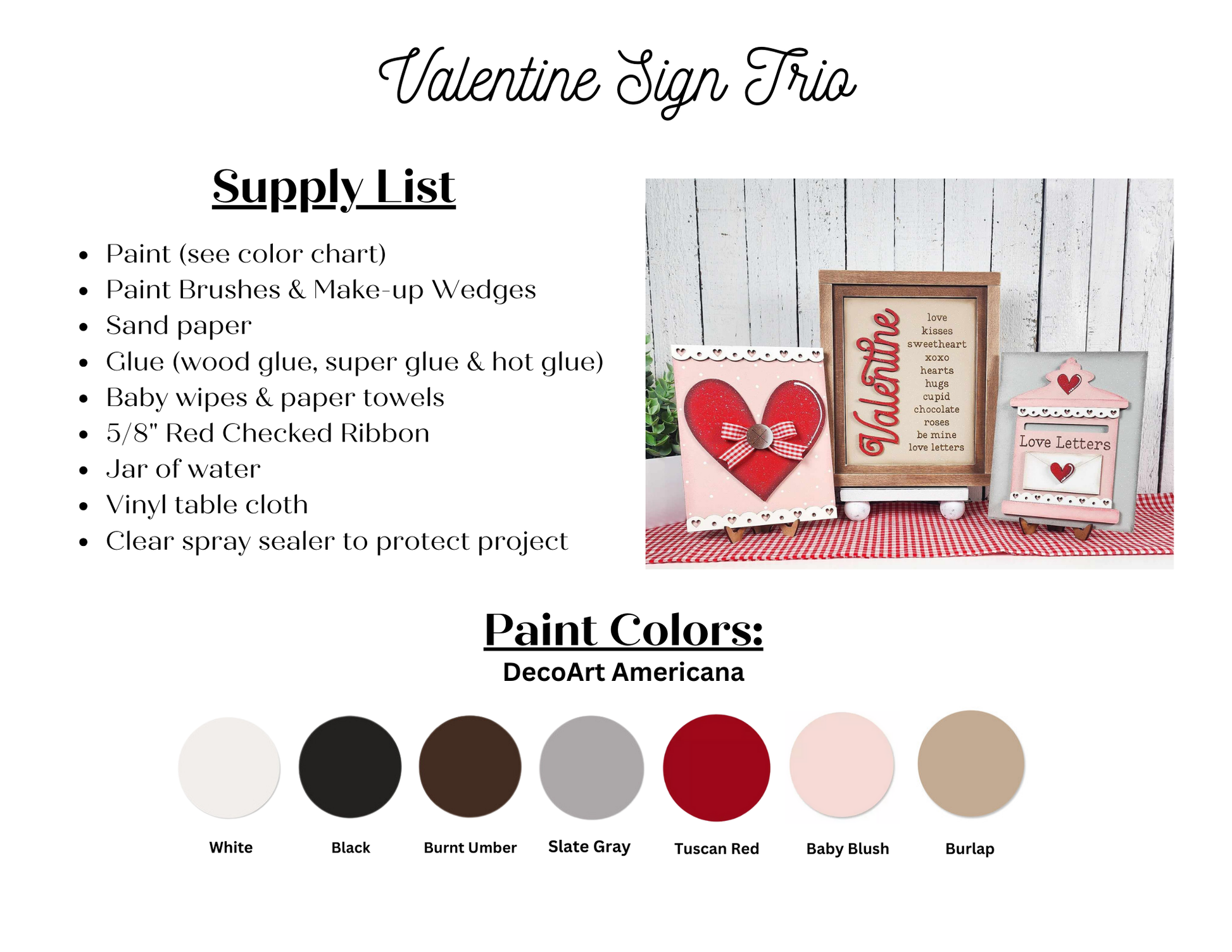 An image of a Valentine's Day craft project from Janet's Craft Corner features the Valentine Words Sign with interchangeable decor, including two framed signs and a heart. The DIY Craft Kit offers paint colors, wood glue, ribbon, brushes, red checkered pattern, and hand-painted samples.