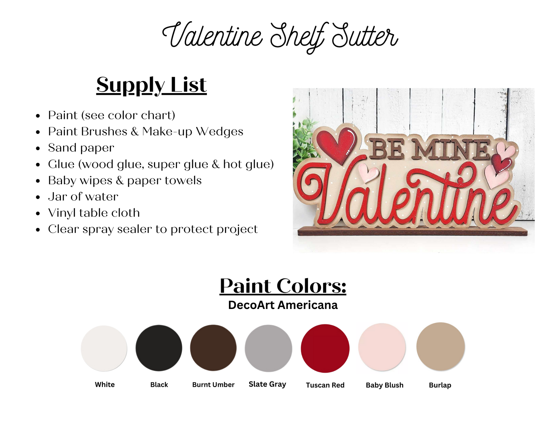 The image shows instructions for "Be Mine Valentine Word Art" by Janet's Craft Corner, a delightful DIY Craft Kit. It includes a supply list: paint, brushes, paper, glue, wipes, vinyl, clear spray with hand-painted colors: white, black, burnt umber, slate gray, Tuscan red, baby blush and burlap.