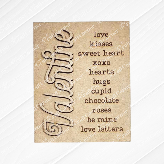 The Valentine Words Sign by Janet's Craft Corner is a wooden decor piece with "Valentine" in vertical script, surrounded by hand-painted words like love, kisses, and sweetheart. Ideal for DIY customization, it includes themes like cupid and roses for a personal touch.